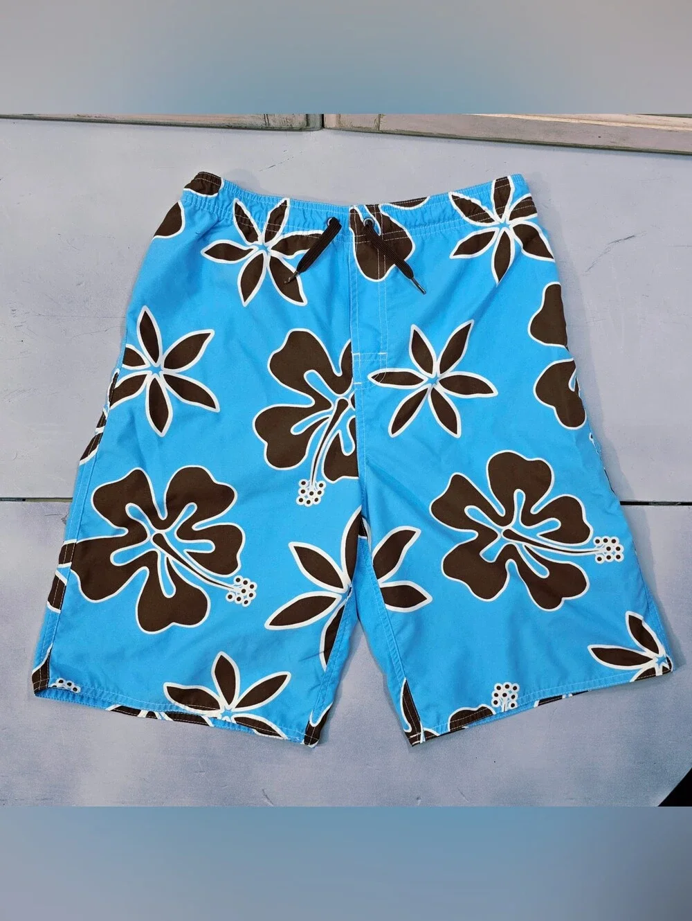 Vtg Y2K Hawaiian Hibiscus Board Shorts Swim Trunks Sky Blue Brown Youth Large